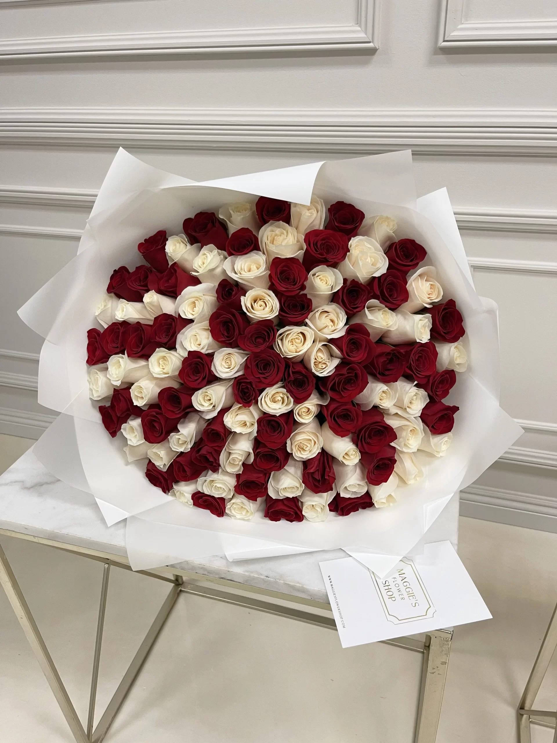 B&BA 100 white and red Rose Bouquet